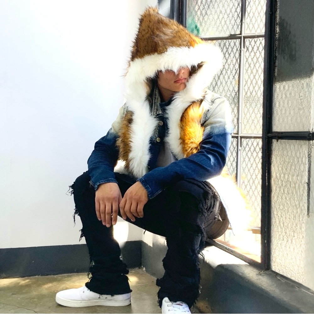 Men's Fashion Dk Blue Sandblast Denim Jacket & Faux Fur Hooded Jacket NWT